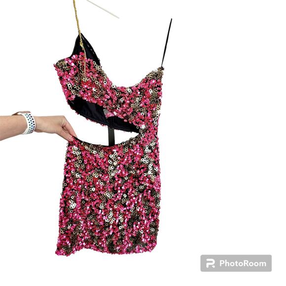 H:ours NWT Sybila Fuchsia and Gold Shiny Sequin Cut-Out Party Mini Dress Medium - Picture 6 of 10